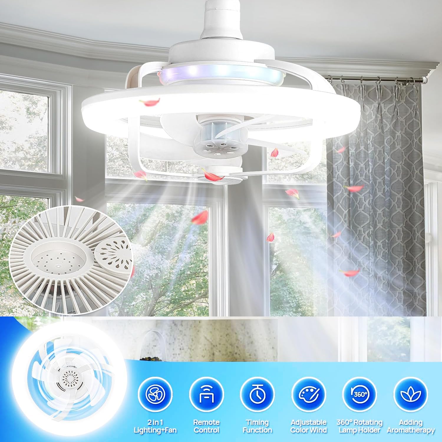 Ceiling Fan with RGB Light, E27 Base and Remote Control
