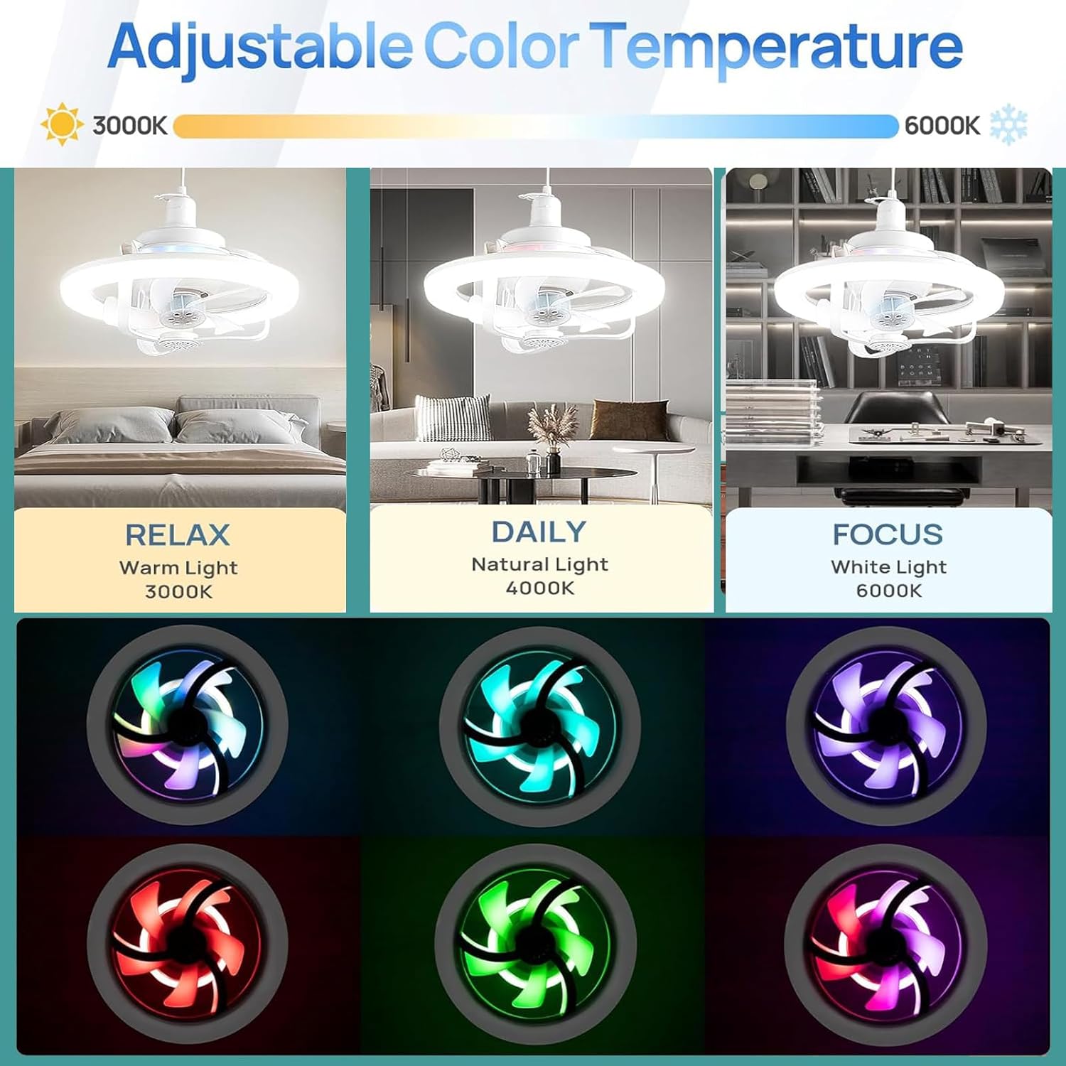 Ceiling Fan with RGB Light, E27 Base and Remote Control
