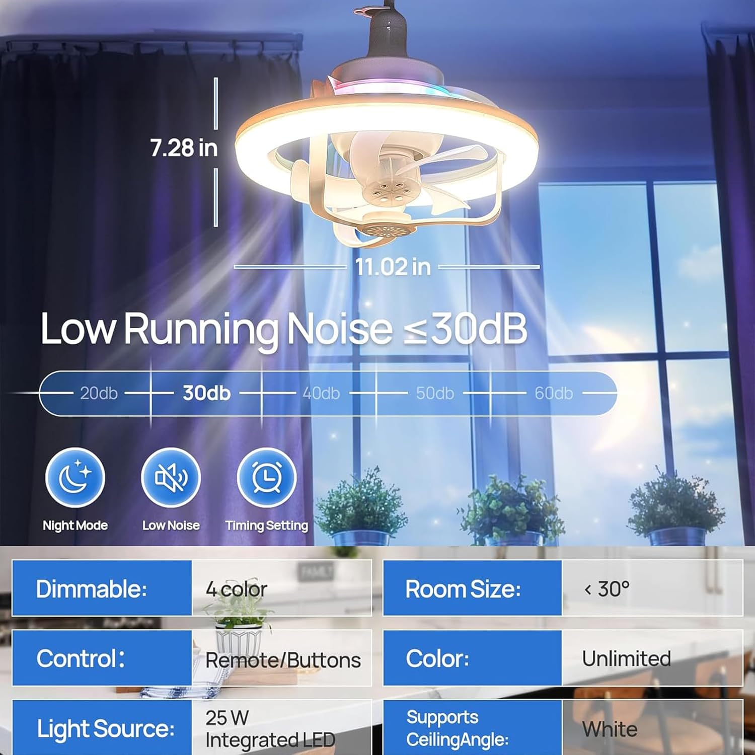 Ceiling Fan with RGB Light, E27 Base and Remote Control
