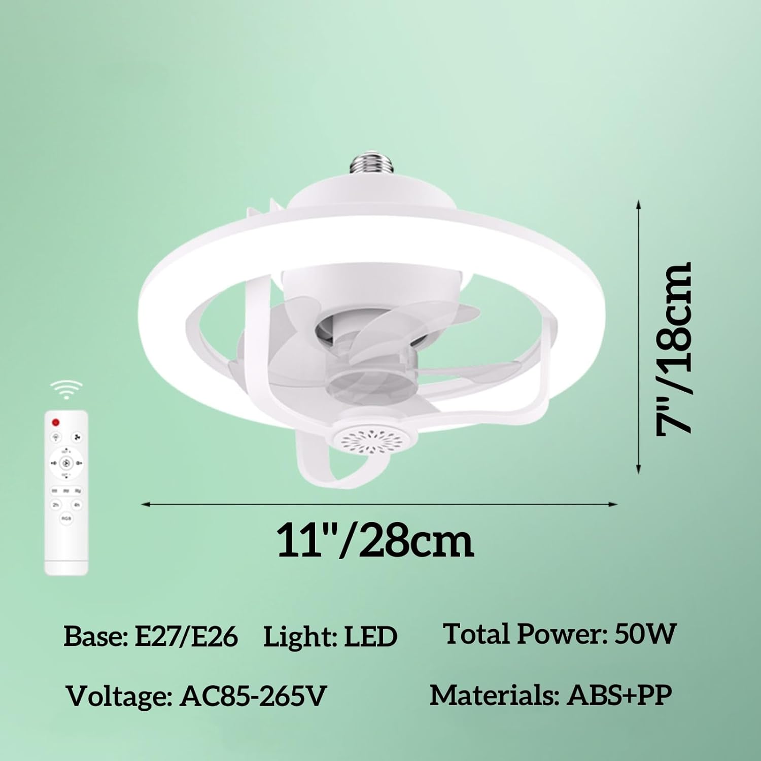 Ceiling Fan with RGB Light, E27 Base and Remote Control