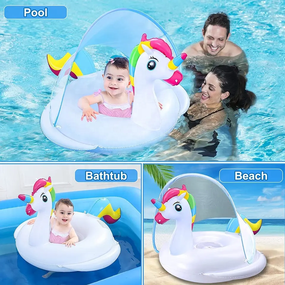 Unicorn baby pool float with anti-UV sunshade