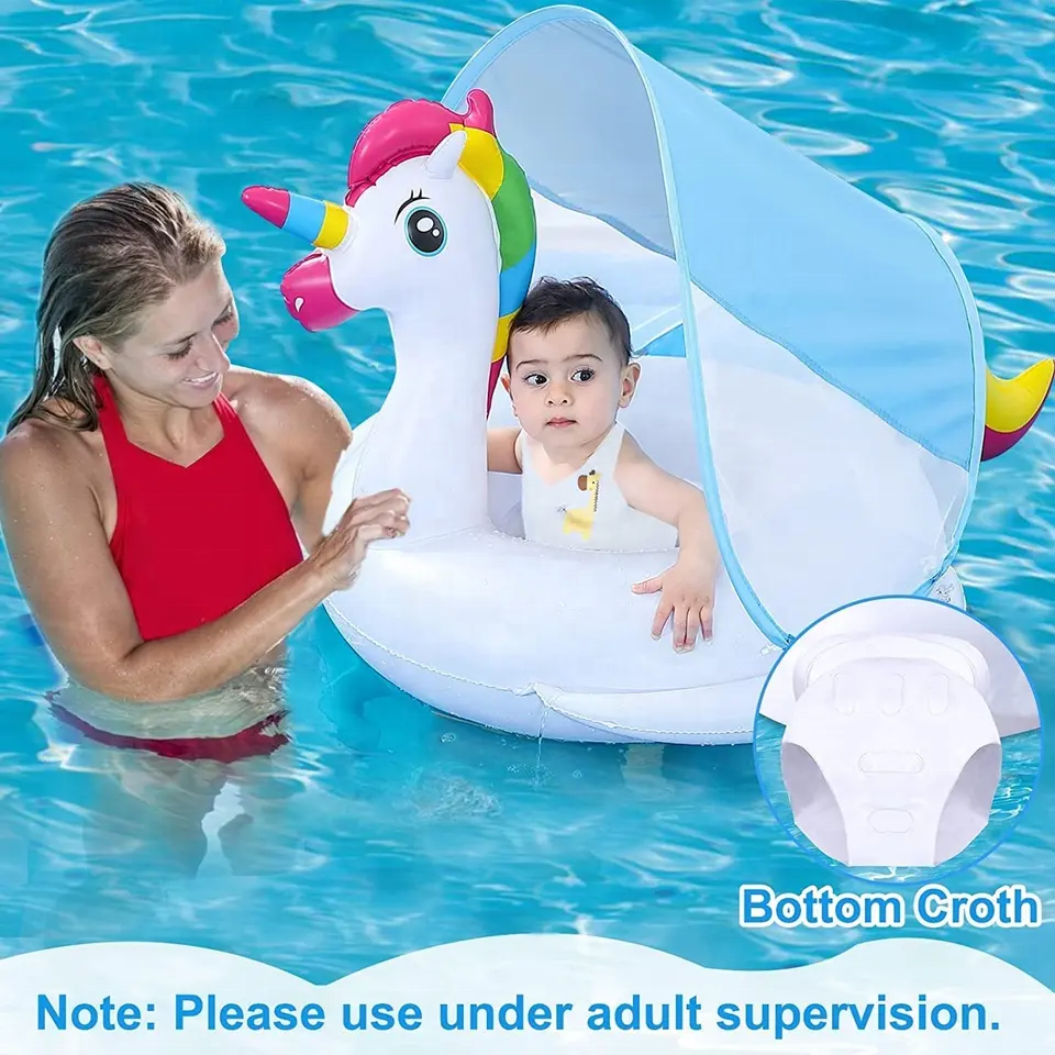 Unicorn baby pool float with anti-UV sunshade
