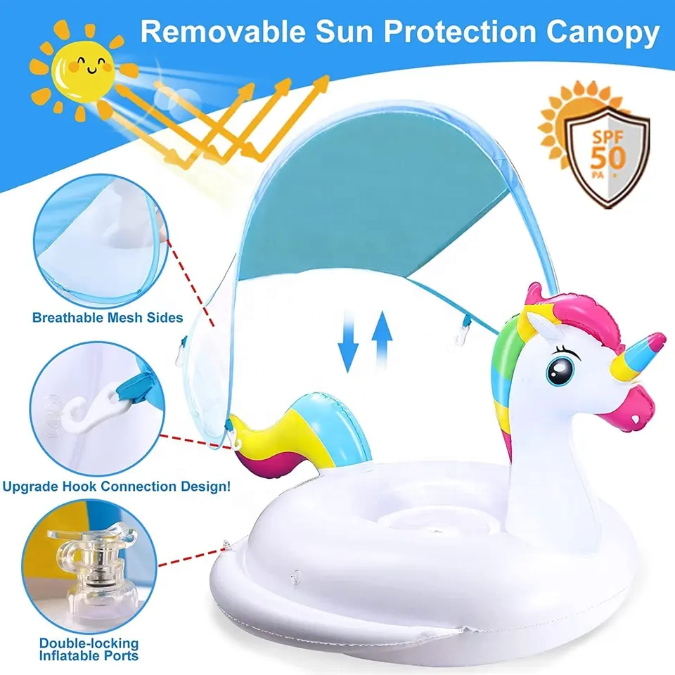 Unicorn baby pool float with anti-UV sunshade
