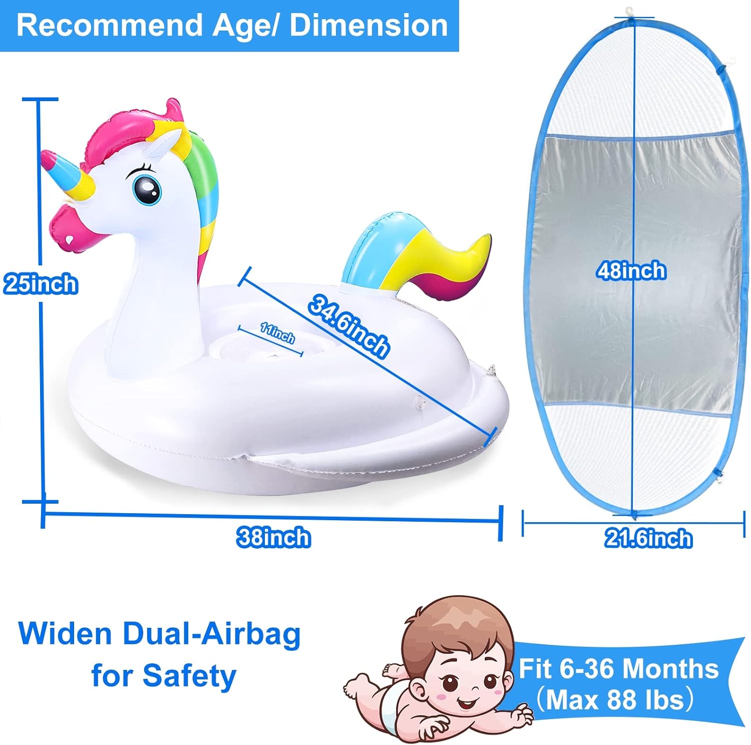 Unicorn baby pool float with anti-UV sunshade