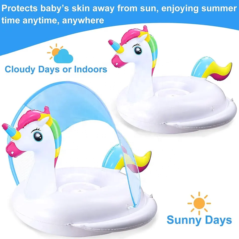 Unicorn baby pool float with anti-UV sunshade