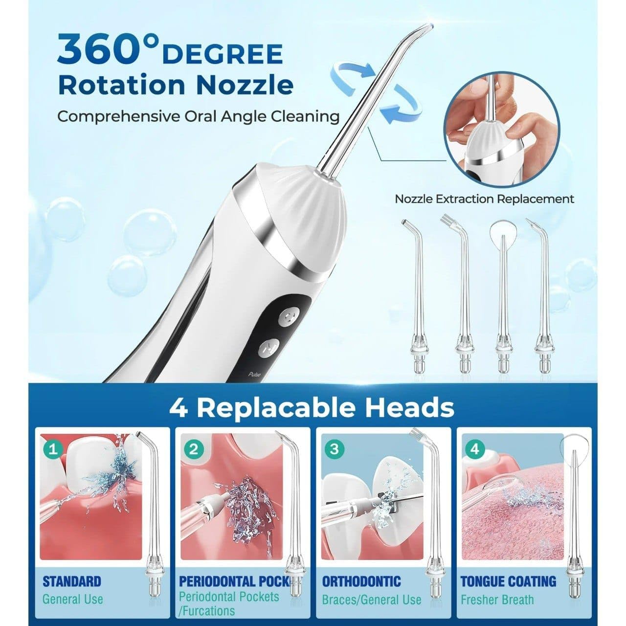 Hydropulseur dentaire sans fil, 3 modes et 4 buses