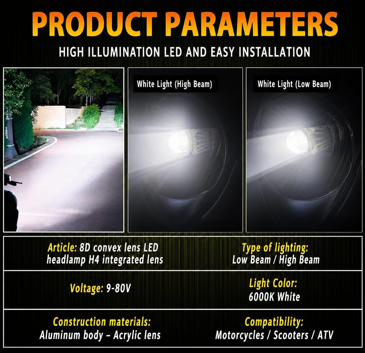 مصباح دراجة نارية LED H4 مع عدسة بروجيكتور 42 واط